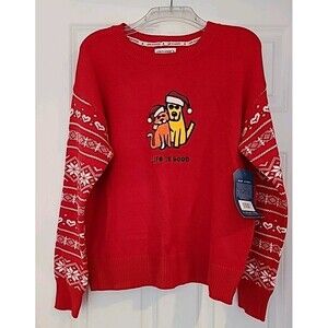 NWT LIFE IS GOOD RED WHITE UGLY CHRISTMAS SWEATER  SANTA HAT ROCKET & CAT